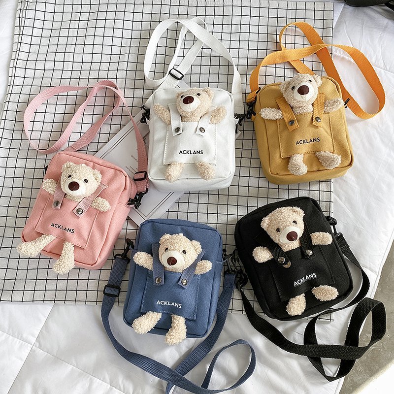 Spring 2024 new cute bear single-shoulder crossbody canvas small square bag, Instagram Japanese and Korean casual mobile phone bag for women full figure