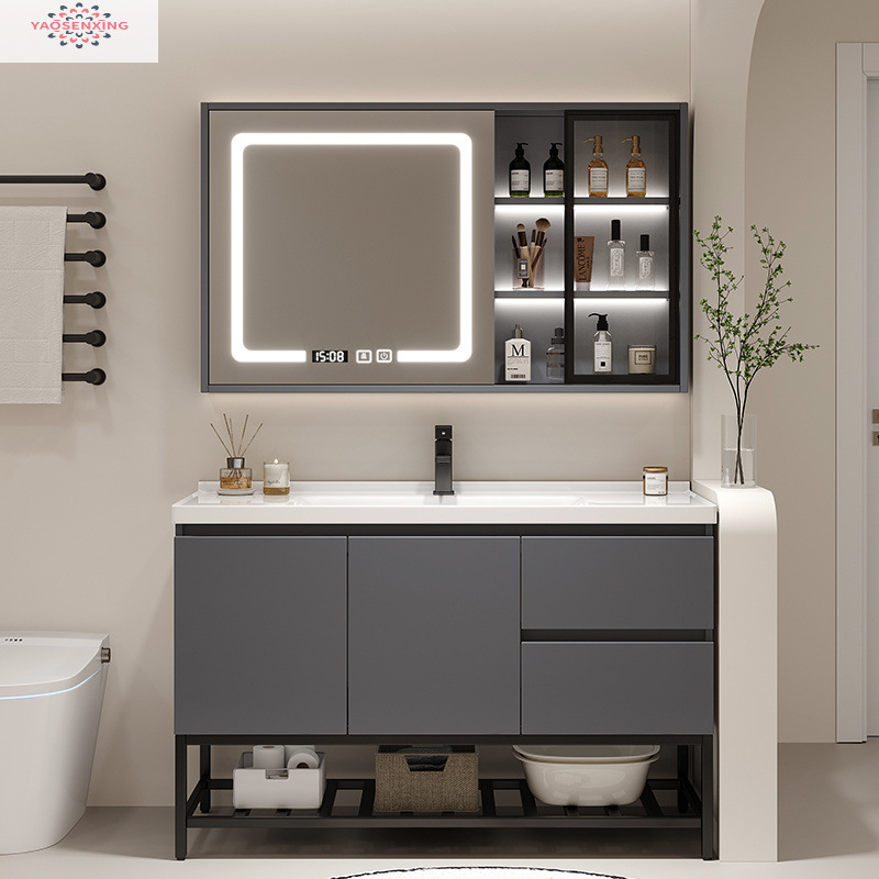 Simple bathroom solid wood floor-standing washbasin cabinet combination washbasin, cream-colored bathroom cabinet, ceramic integrated basin Specification drawing