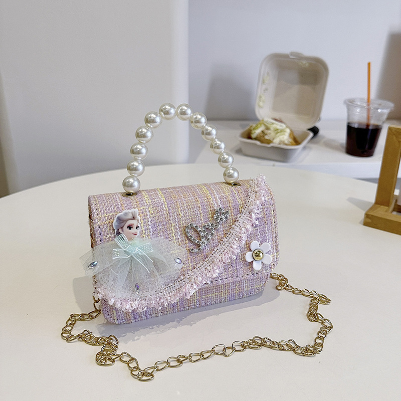 2025 New children's cartoon hand-held crossbody bag with a cute princess cartoon crossbody pearl details Picture