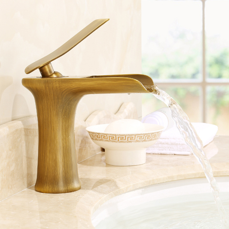 All-copper waterfall faucet, bathroom washbasin, countertop basin, cold and hot retro faucet, white and gold details Picture