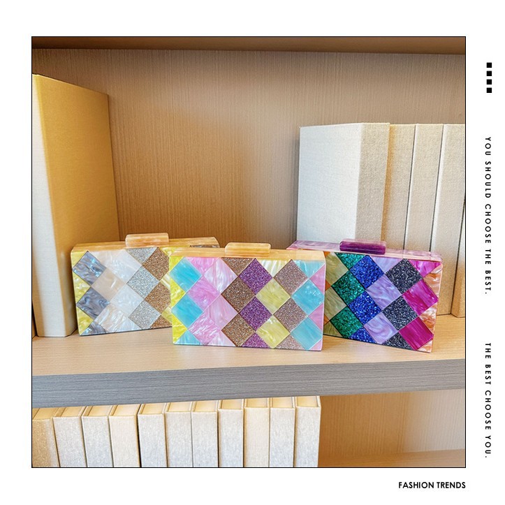 New cross-border foreign trade women's checkered acrylic bag, dinner bag, single-shoulder crossbody wedding and banquet clutch bag full figure