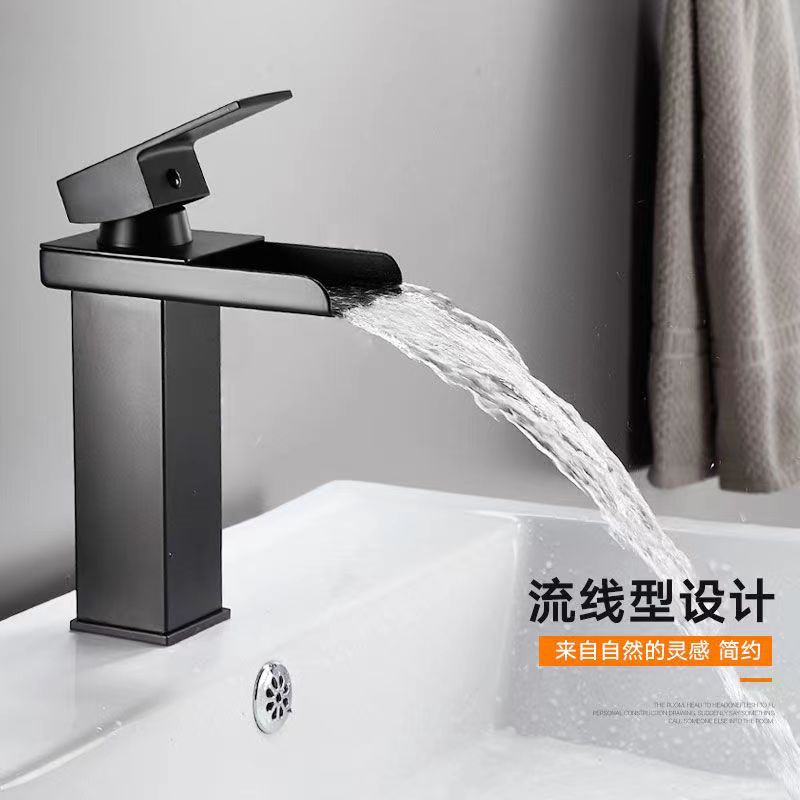 Cross-border basin waterfall faucet, wide-mouthed black stainless steel single-hole square elbow, under-counter basin and under-counter basin faucet details Picture