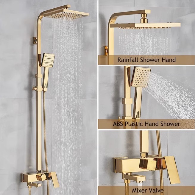 Golden shower set, faucet, wall-mounted hot and cold shower column, square rain shower head, European style full figure
