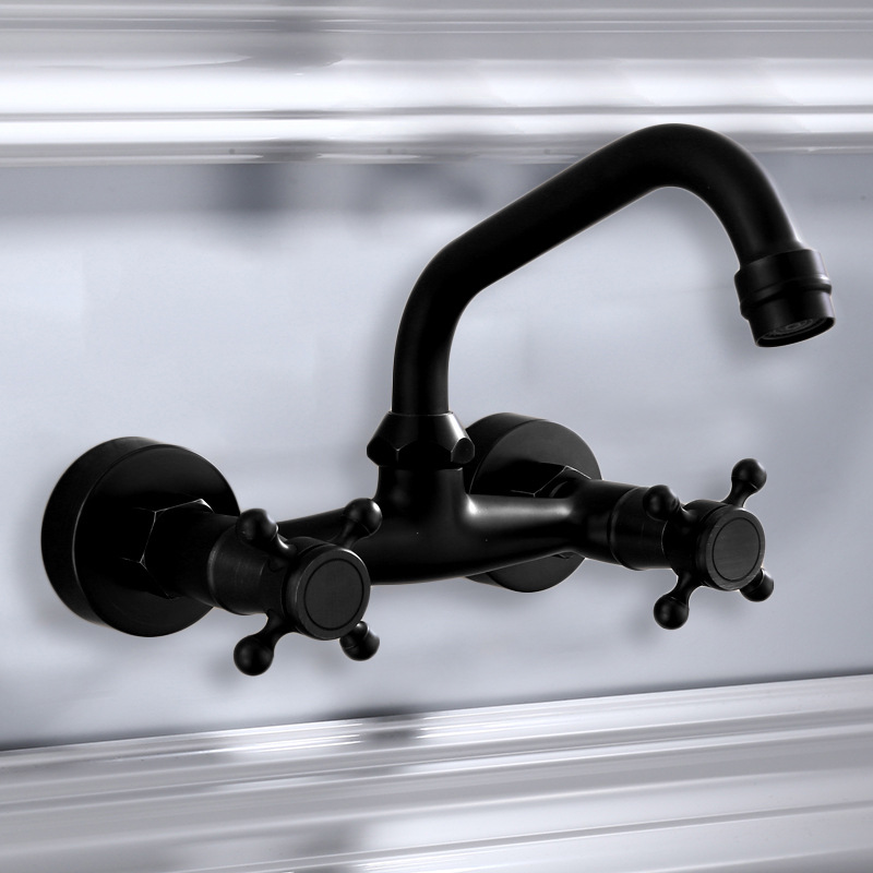 All-copper black European-style bathtub, hot and cold water faucets, bathroom hardware, built-in wall, balcony, 360-degree rotating faucet full figure