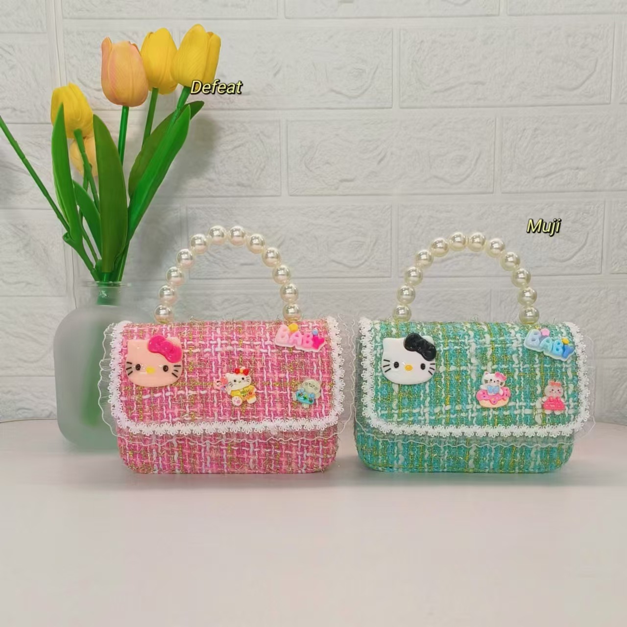 Pearl handbag, KT cat children's bag, Chanel-style chain bag, girl accessory bag, small square bag, single-shoulder crossbody bag details Picture