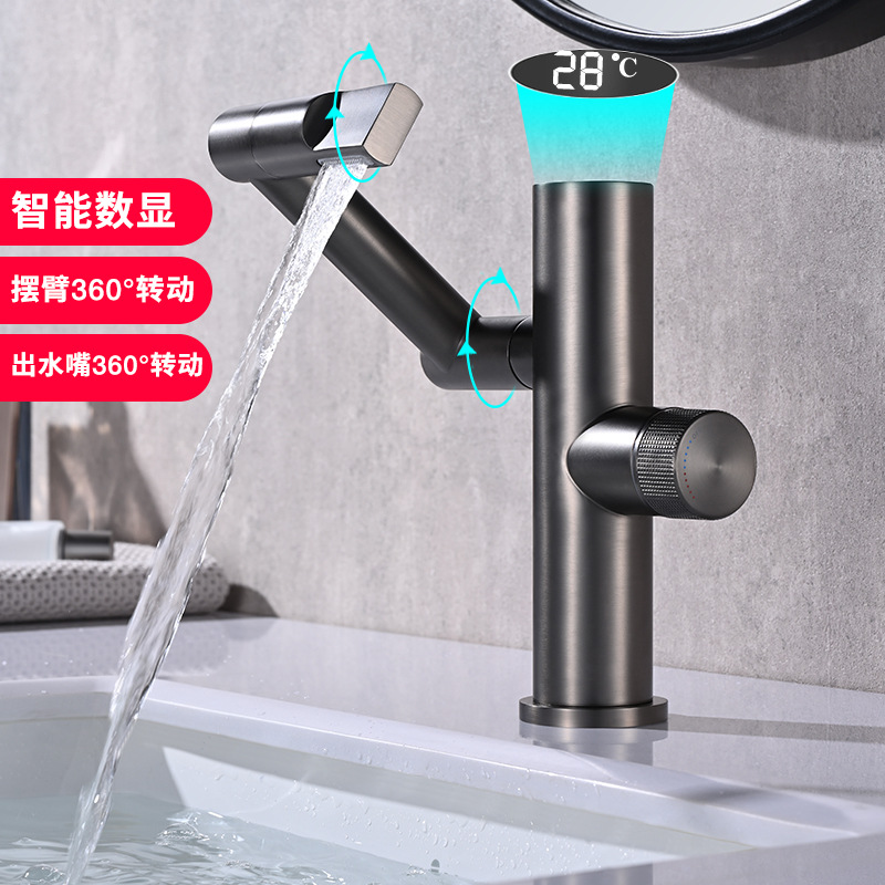 The Maneki Neko faucet shows temperature. It features a full copper swing arm washbasin gun and a gray LED digital display full figure