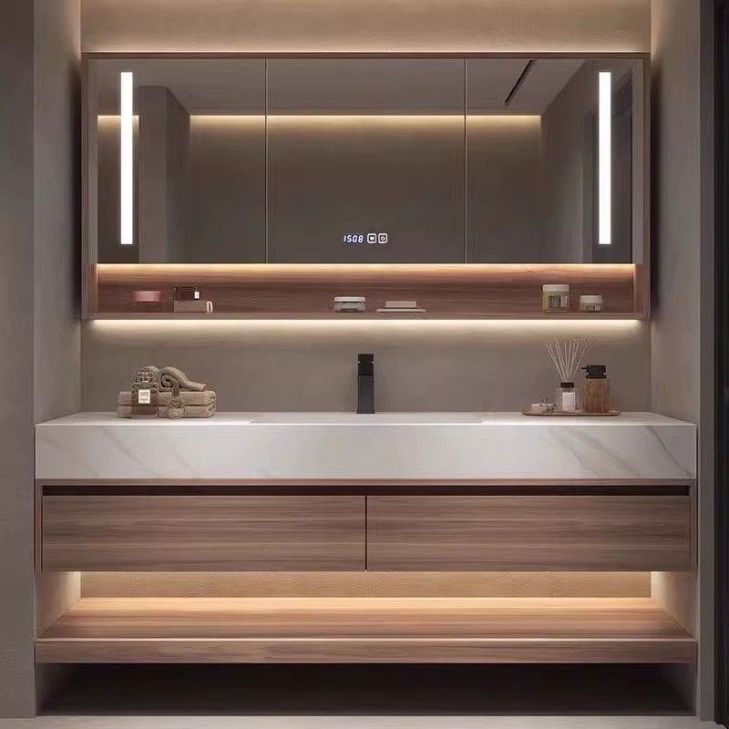 Solid wood rock plate seamless ceramic basin bathroom cabinet combination, bathroom washbasin, washbasin, mirror cabinet combination details Picture