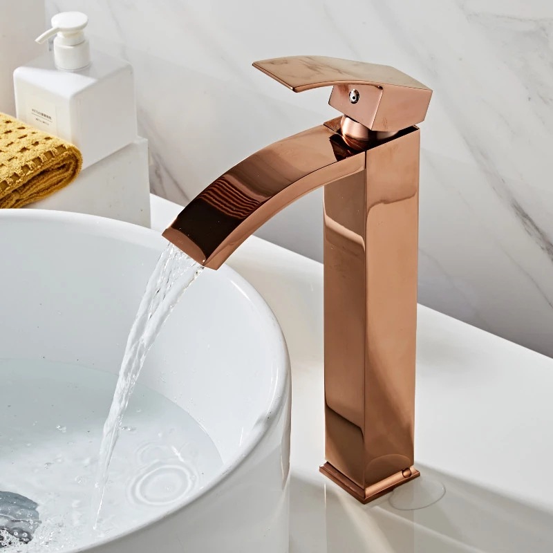 Rose gold bathroom basin, washbasin, waterfall, hot and cold water faucet, sitting single-hole countertop basin, mixed faucet Specification drawing