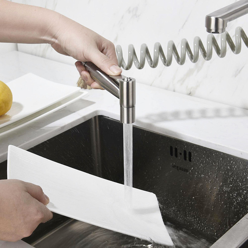 Amazon 304 stainless steel cold and hot mixed brushed wall double-hole with cleaning nozzle kitchen sink faucet Application Scenario