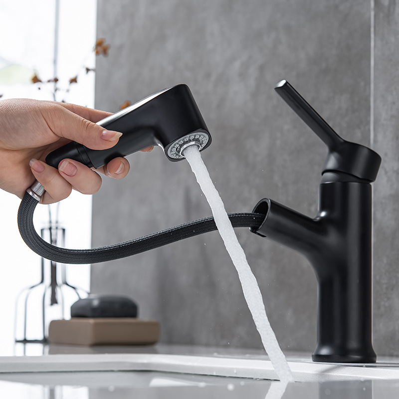 All-copper black faucet, hot and cold washbasin, bathroom countertop basin, bathroom face wash pull-out faucet MT2045 full figure
