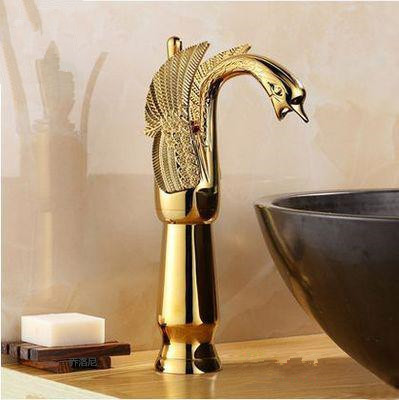 European-style antique faucet, swan hot and cold washbasin faucet, retro all-copper underfloor basin, golden faucet details Picture