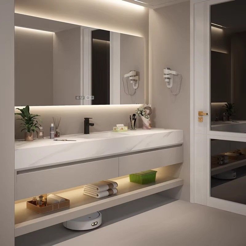Solid wood rock plate seamless ceramic basin bathroom cabinet combination, bathroom washbasin, washbasin, mirror cabinet combination Application Scenario