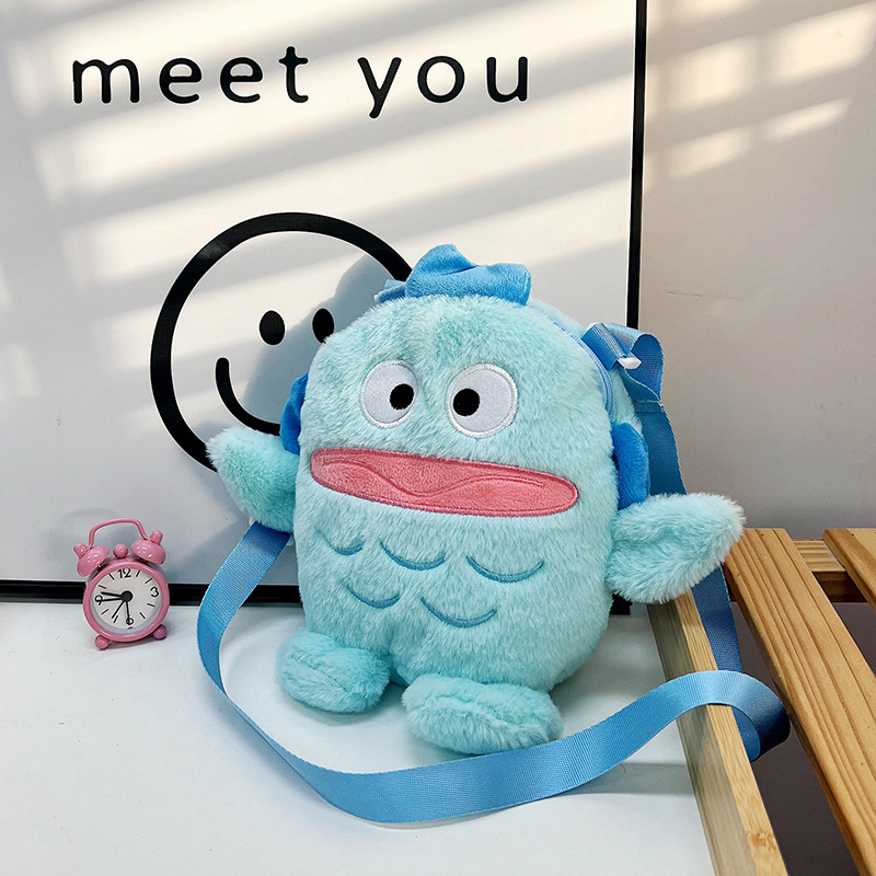 A funny and cute little fish monster girl single-shoulder bag, a new winter casual, versatile and fashionable plush crossbody handbag full figure
