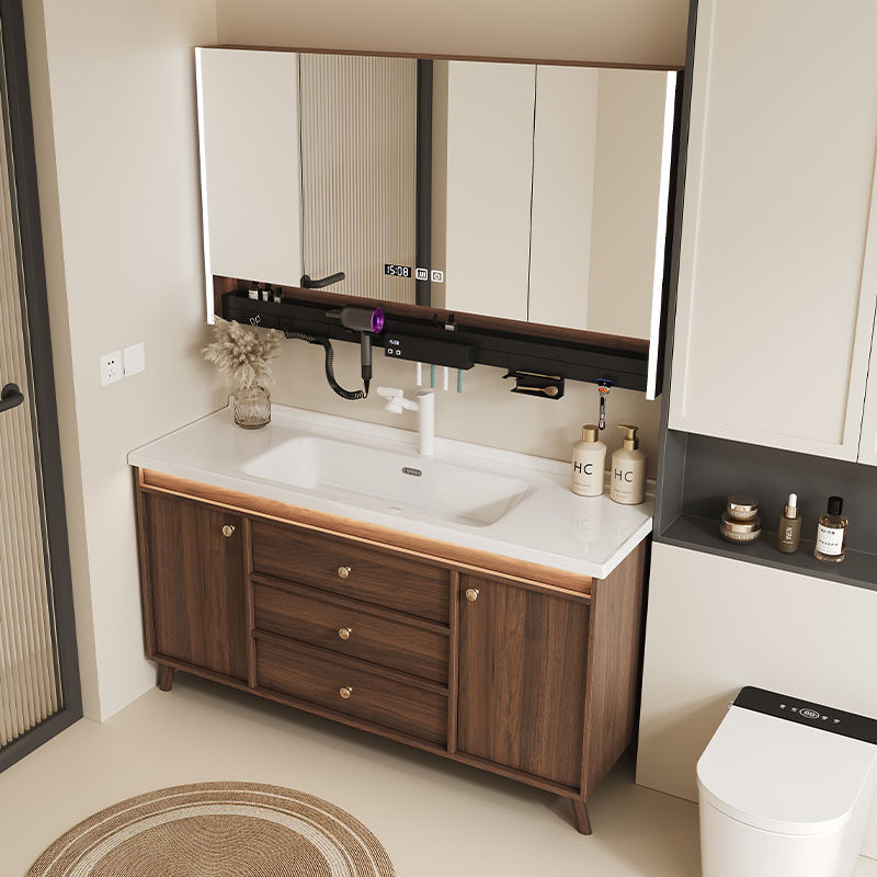 Walnut wood washbasin, bathroom cabinet combination, bathroom hand washing and washbasin, ceramic integrated washbasin, new Chinese-style face washing full figure