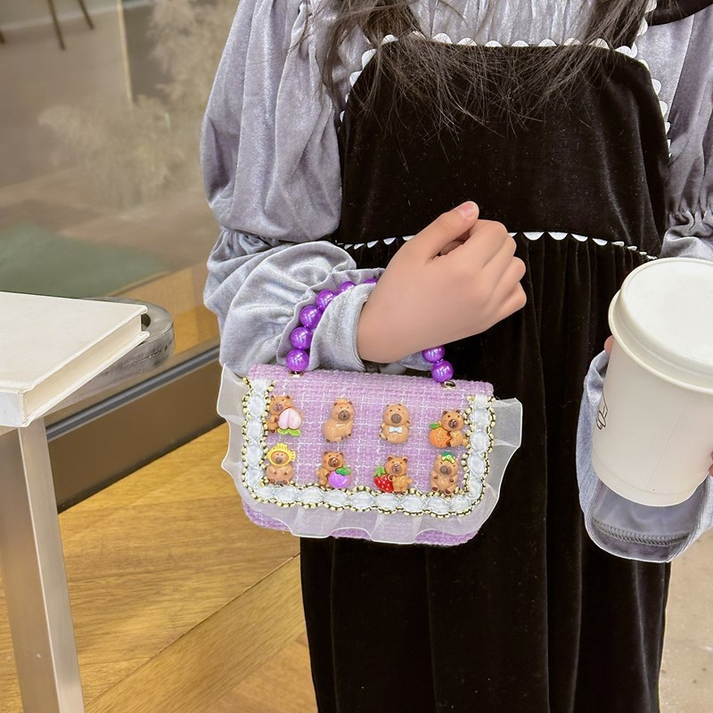 New children's bag, single-shoulder tweed little Chanel princess pearl handbag, girls' stylish chain crossbody coin purse Specification drawing