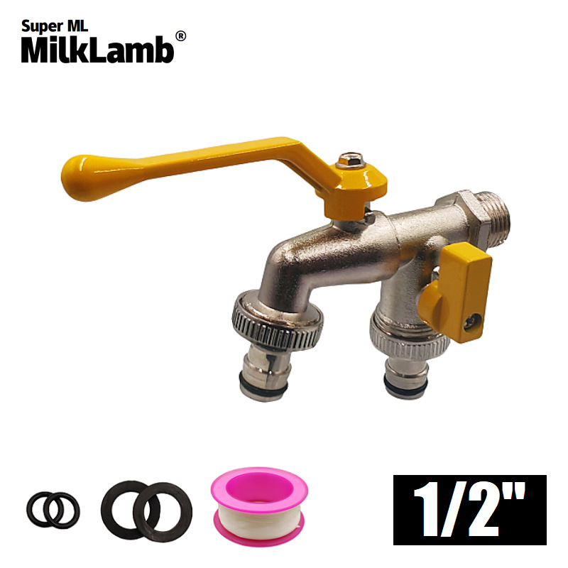 Cross-border exclusive 1/2 Gardening Double zinc alloy faucet, one in and two out double pacifier faucet [Yellow aluminum] full figure