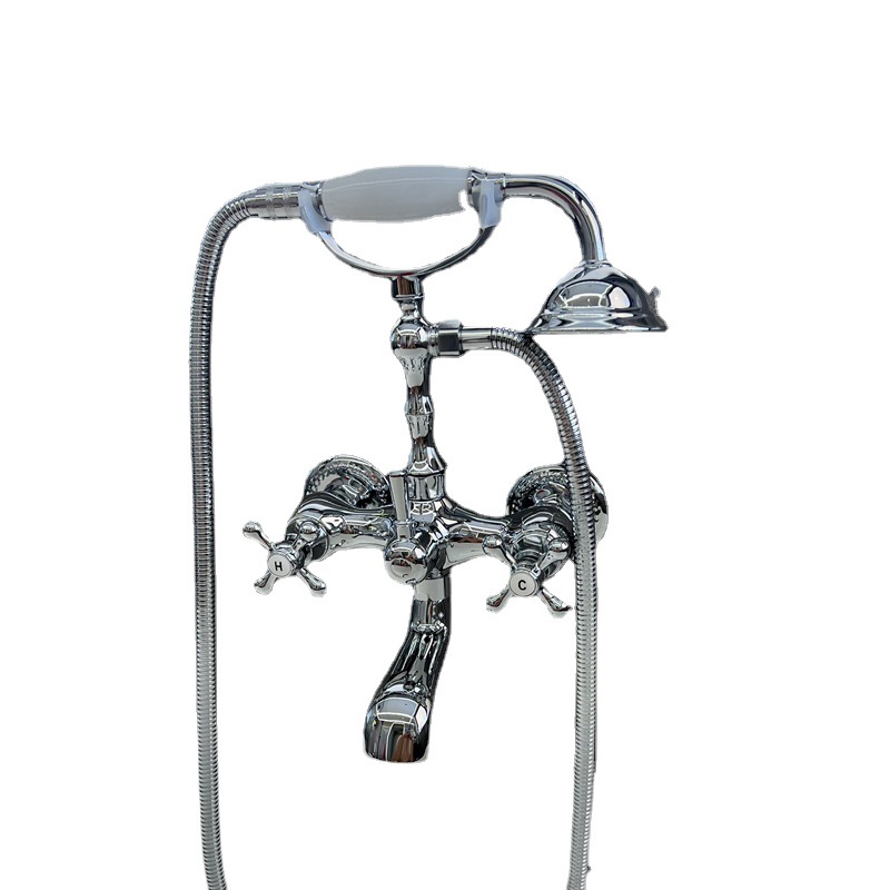 French retro brass chrome-plated wall-mounted shower head set, electroplated simple bathtub, telephone with ceramic faucet Item Picture