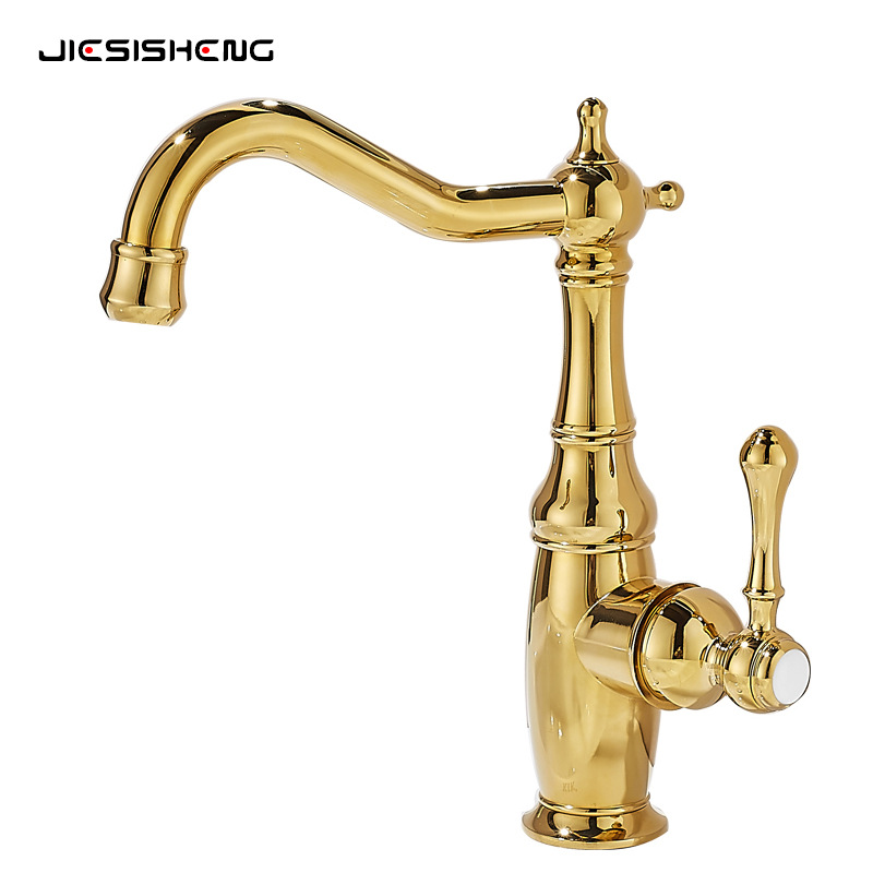 French retro copper washbasin faucet, bathroom, household bathroom counter basin, hot and cold rotating pull-out faucet, splash-proof Item Picture