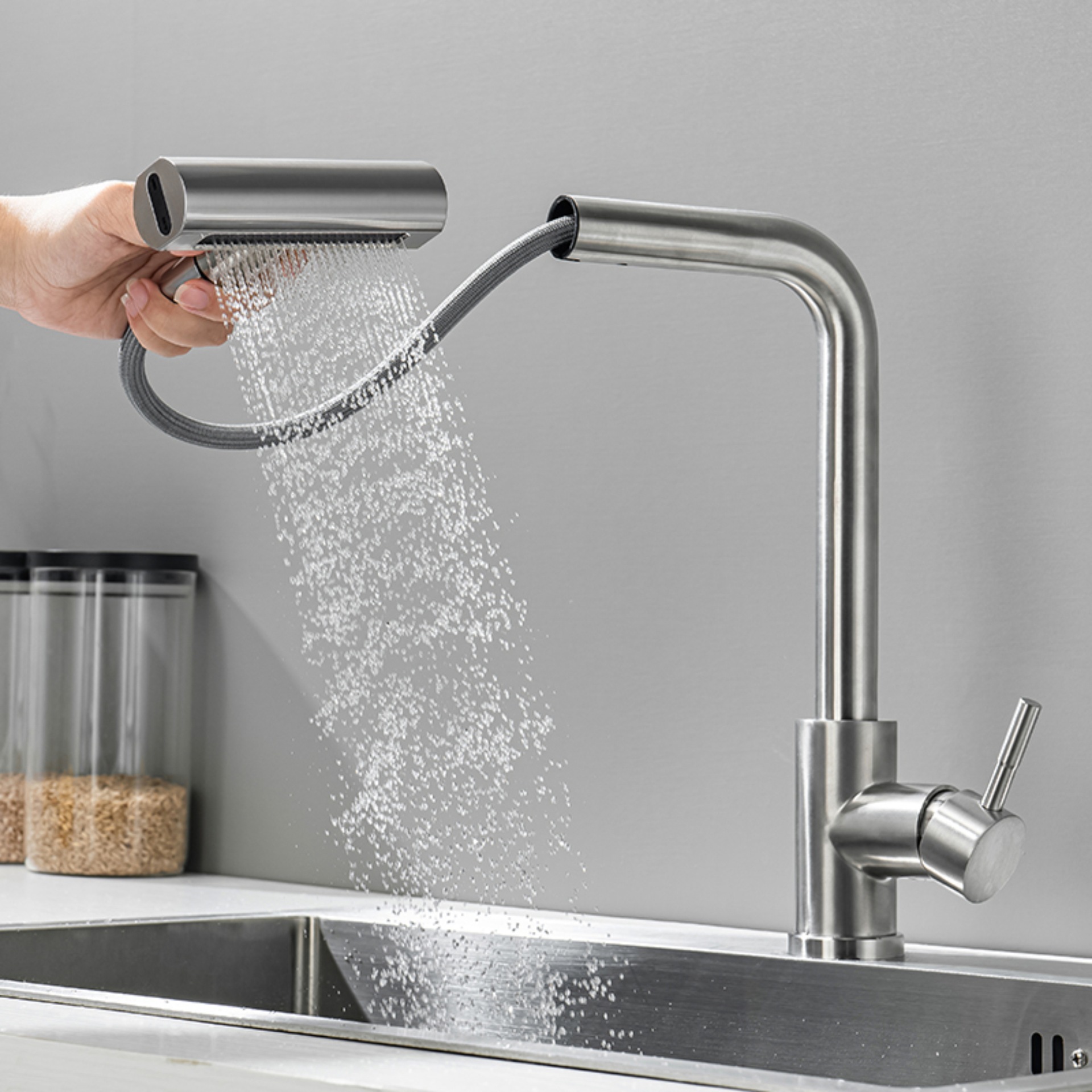 304 stainless steel kitchen pull-out faucet, waterfall four-function nozzle, sink, sink, hot and cold water faucet details Picture