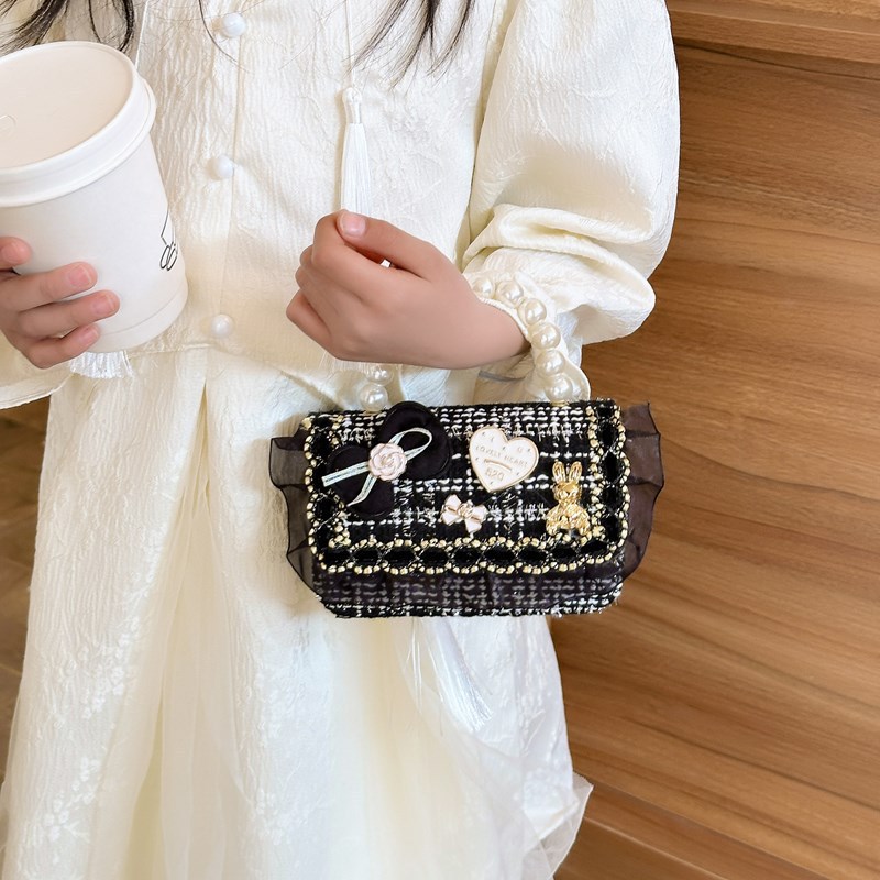 2025 New Korean version Little Chanel mini Girls' princess Pearl hand bag crossbody accessory bag for girls Specification drawing