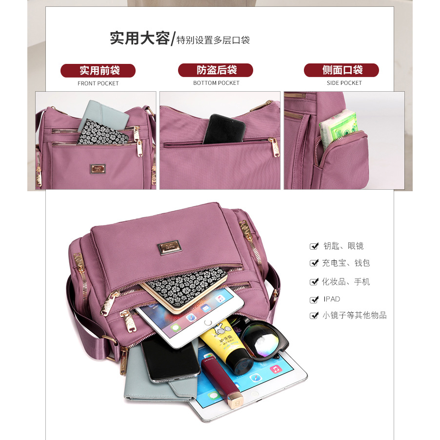 The 2025 new women's crossbody bag, a nylon color-blocking single-shoulder bag, is designed as a large-capacity, multi-layered, simple middle-aged mom bag Specification drawing