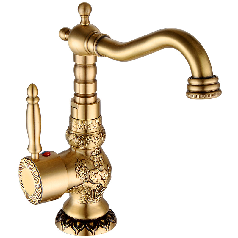 European-style antique thickened full copper carved kitchen faucet, bathroom washbasin, cold and hot water dual household underfloor basin full figure