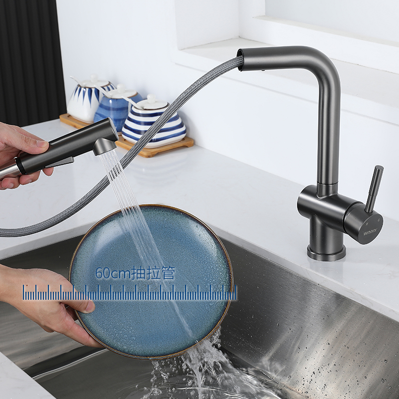 Gun grey pressure-increasing splash-proof stainless steel sink, sink, kitchen hot and cold water faucet, household pull-out type Application Scenario