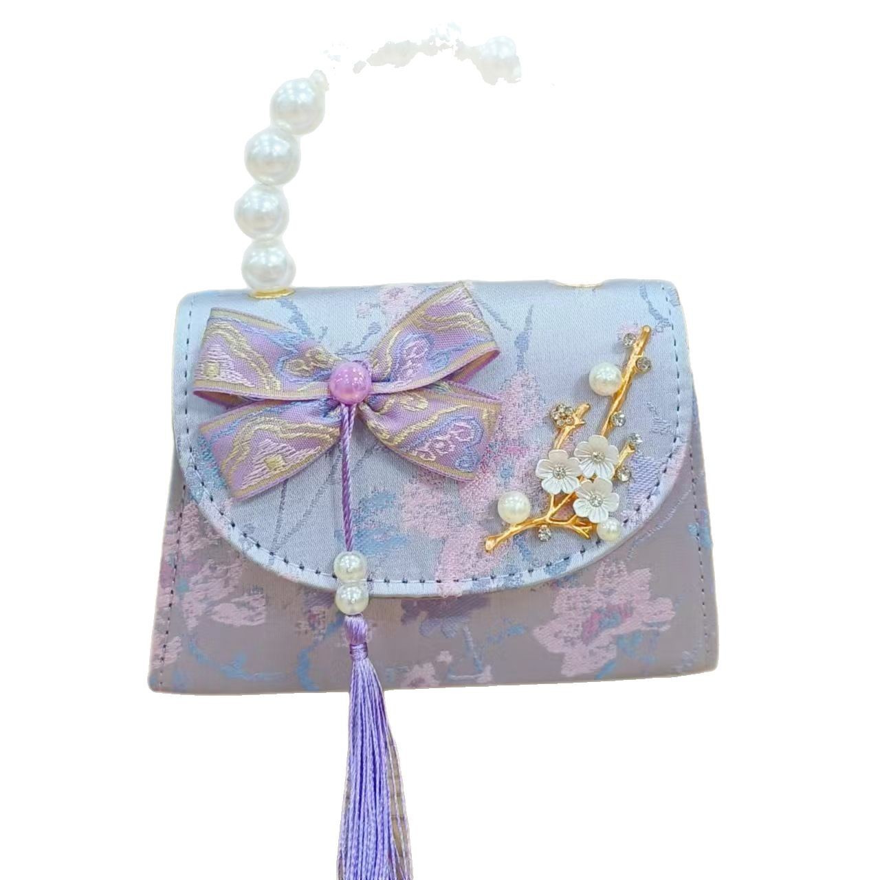 Bow tassel children's bag, small chanel-style fashionable pearl coin purse, Hanfu accessory bag, princess crossbody handbag Item Picture