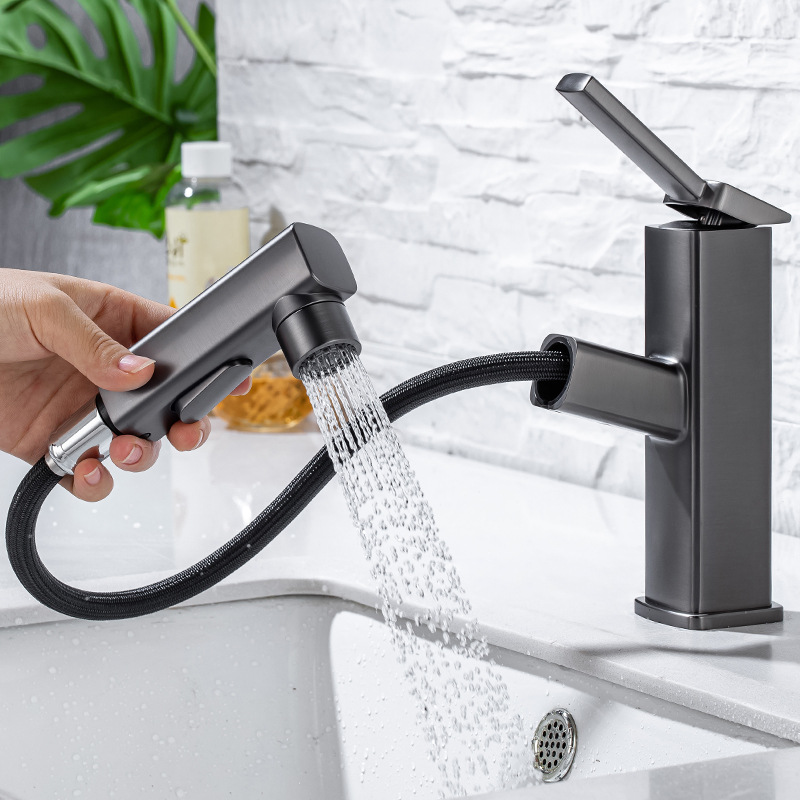 Carefully selected gun gray bathroom washbasin faucet that can be pulled and rotated to overflow water. Bathroom counter basin faucet details Picture