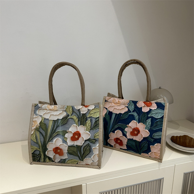 Large-capacity linen single-shoulder tote bag, 2025 new ethnic style student class handbag, versatile commuting bag full figure