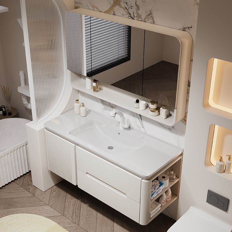 Simple oak bathroom cabinet, rounded corner combination bathroom, ceramic integrated cream washbasin for hand washing and face washing full figure