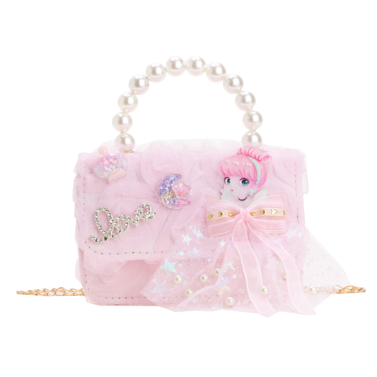 Sweet princess single-shoulder bag, Stylish pearl hand-held girl crossbody bag 2025, Mini children's bow chain bag full figure