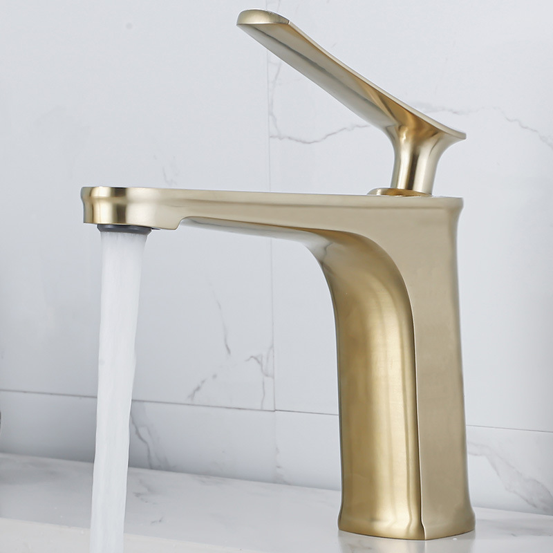 Golden brushed gold copper body, cold and hot water faucet, washbasin, countertop and bottom basin, Nordic light luxury and simple bathroom Application Scenario
