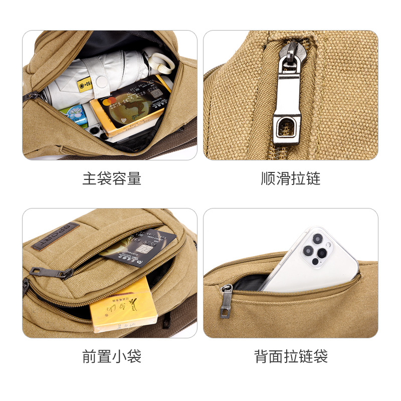 Men's construction site work close-fitting waist bag, wear-resistant canvas, crossbody mobile phone, loose change, crossbody single-shoulder convenient multi-layer bag Specification drawing