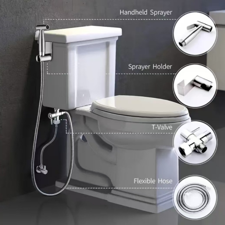 New bathroom toilet companion, stainless steel spray gun set, powerful pressure-increasing, universal bathroom flushing device Application Scenario
