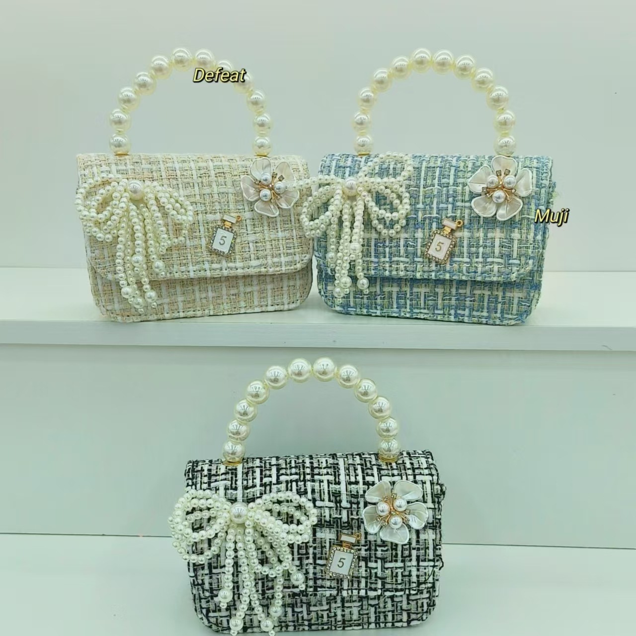 Bow princess bag, pearl handbag, chain single-shoulder accessory bag, little girl crossbody bag, small square bag, coin purse details Picture