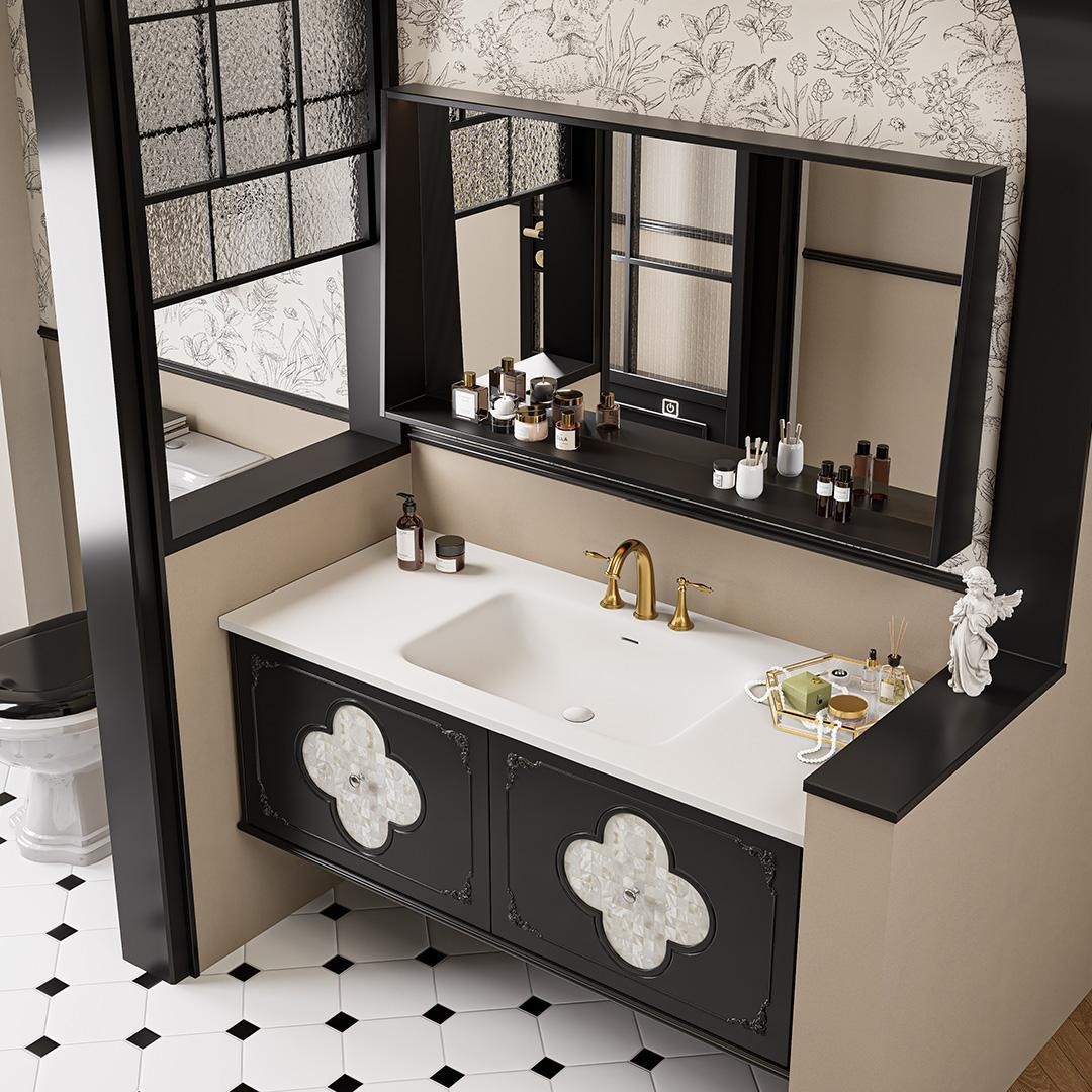 French retro-style bathroom cabinet, ceramic lacquered porcelain one-piece basin combination, shell decorative oak panel four-leaf clover bathroom cabinet details Picture