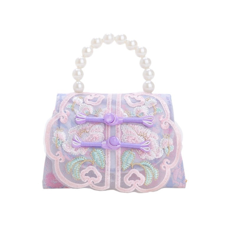 Cute princess pearl bag for girls, hand-held embroidered lace, versatile small square bag, ethnic style children's crossbody bag Item Picture