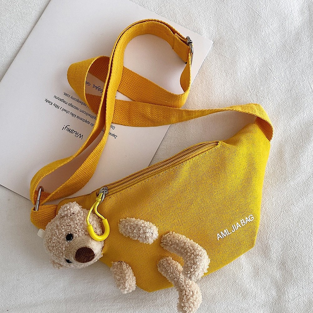 The new trend of the bear waist bag 2025: A simple Japanese study-style Instagram crossbody canvas waist bag with cute printed letters for women full figure