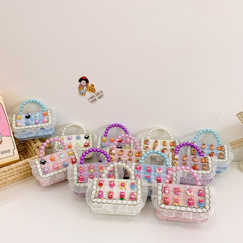 New children's bag, single-shoulder tweed little Chanel princess pearl handbag, girls' stylish chain crossbody coin purse full figure