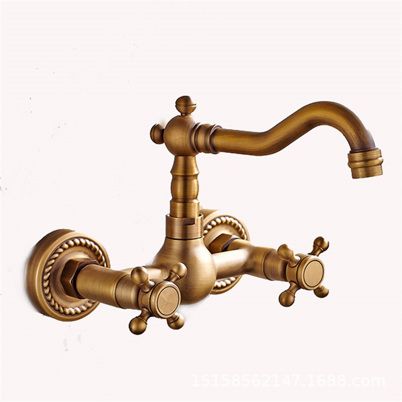European-style all-copper home decoration, antique and simple wall-mounted kitchen faucet, rotatable kitchen sink, cold and hot water faucet details Picture