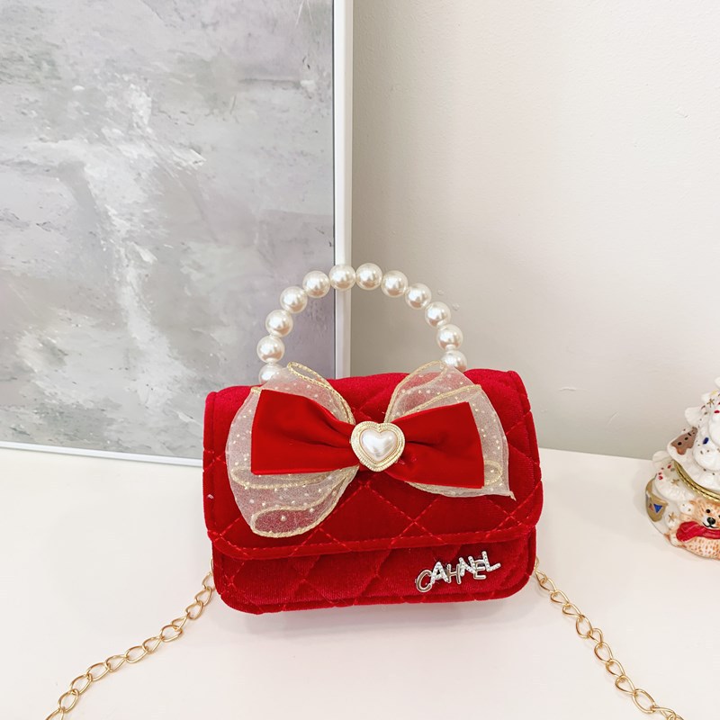 New red New Year greeting pearl handbag for children, cute princess girl single-shoulder bag, stylish chain crossbody bag details Picture
