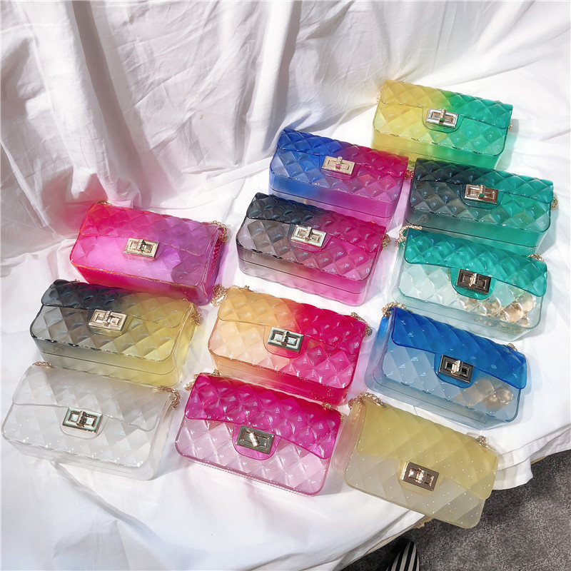2025 Summer New gradient color jelly bag, ins diamond chain small square bag, single-shoulder crossbody women's bag full figure