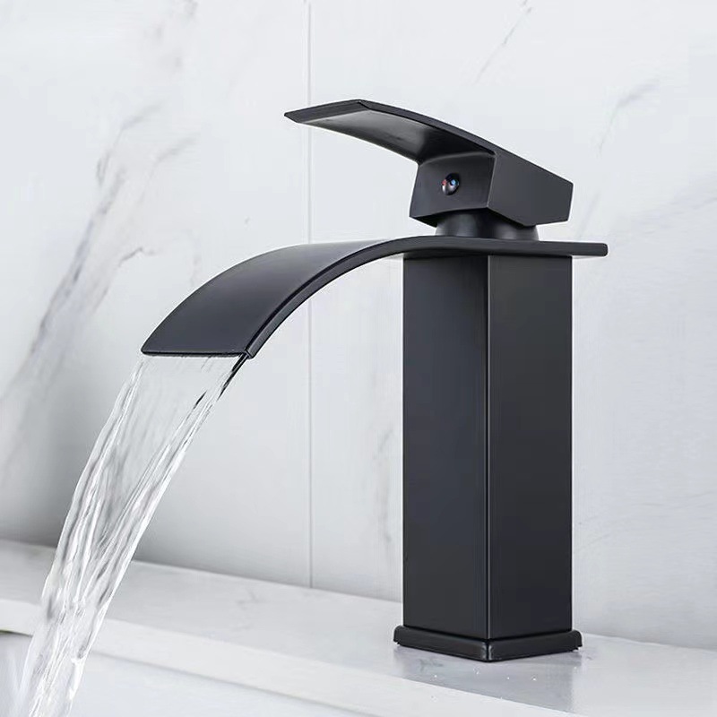 Washbasin, washbasin, basin, hot and cold water faucet, waterfall countertop faucet, black faucet for bathroom full figure