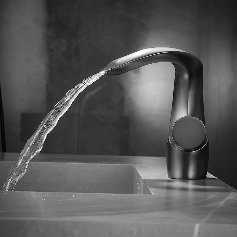 Full copper washbasin faucet in the bathroom, household washbasin in the bathroom, waterfall-style cold and hot splash-proof gun, grey faucet Specification drawing