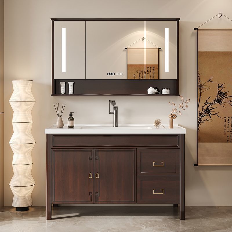 Oak simple modern smart bathroom cabinet, mirror cabinet combination, lacquered solid wood, new Chinese-style bathroom washbasin, ceramic full figure