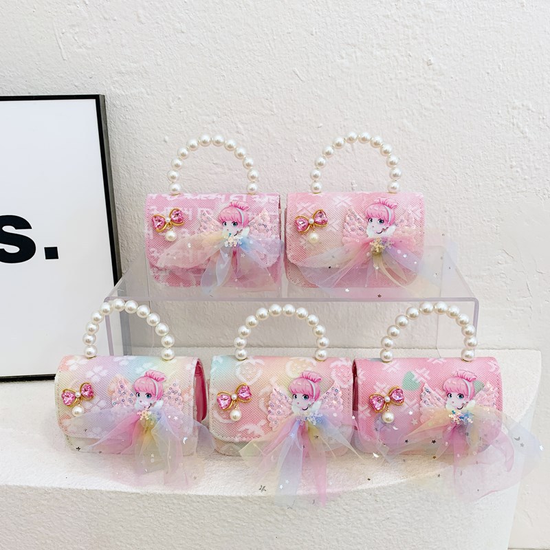 2024 New children's bags: pearl handbag, stylish princess pink girl shoulder bag, crossbody bag, coin purse full figure