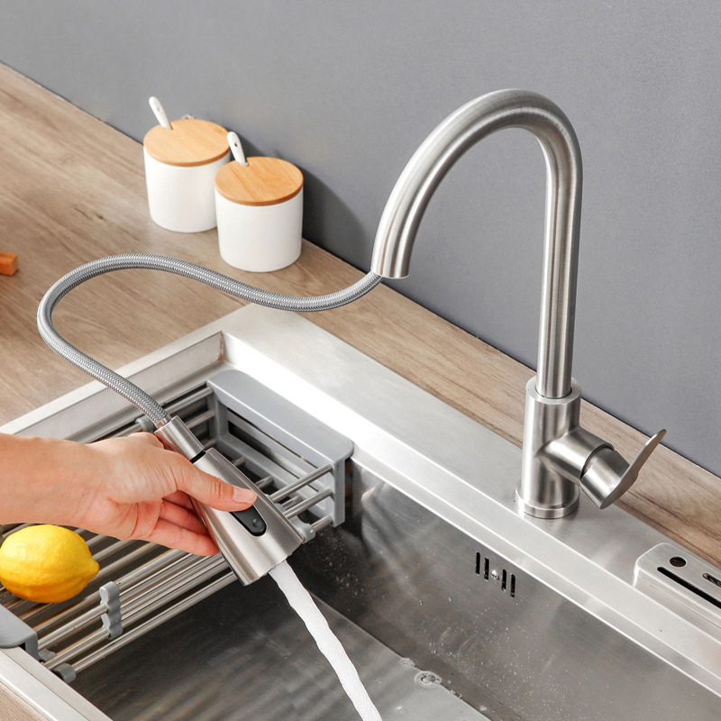 Kitchen stainless steel pull-out faucet for both hot and cold use, Qianqing sink and sink, splash-proof rotating faucet full figure