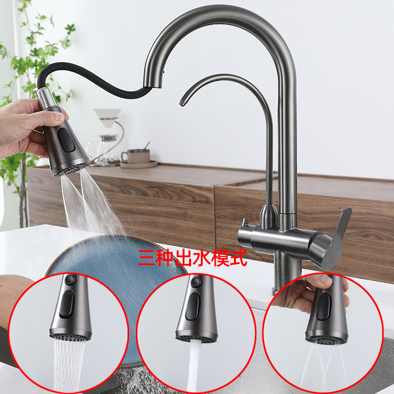 Three-in-one pull-out kitchen faucet, 304 stainless steel, cold and hot water, purified water direct drinking, sink faucet Application Scenario