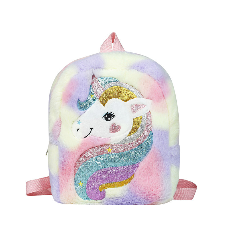New embroidered unicorn cartoon plush backpack, large-capacity girls' backpack, cute schoolbag for kindergarten Item Picture